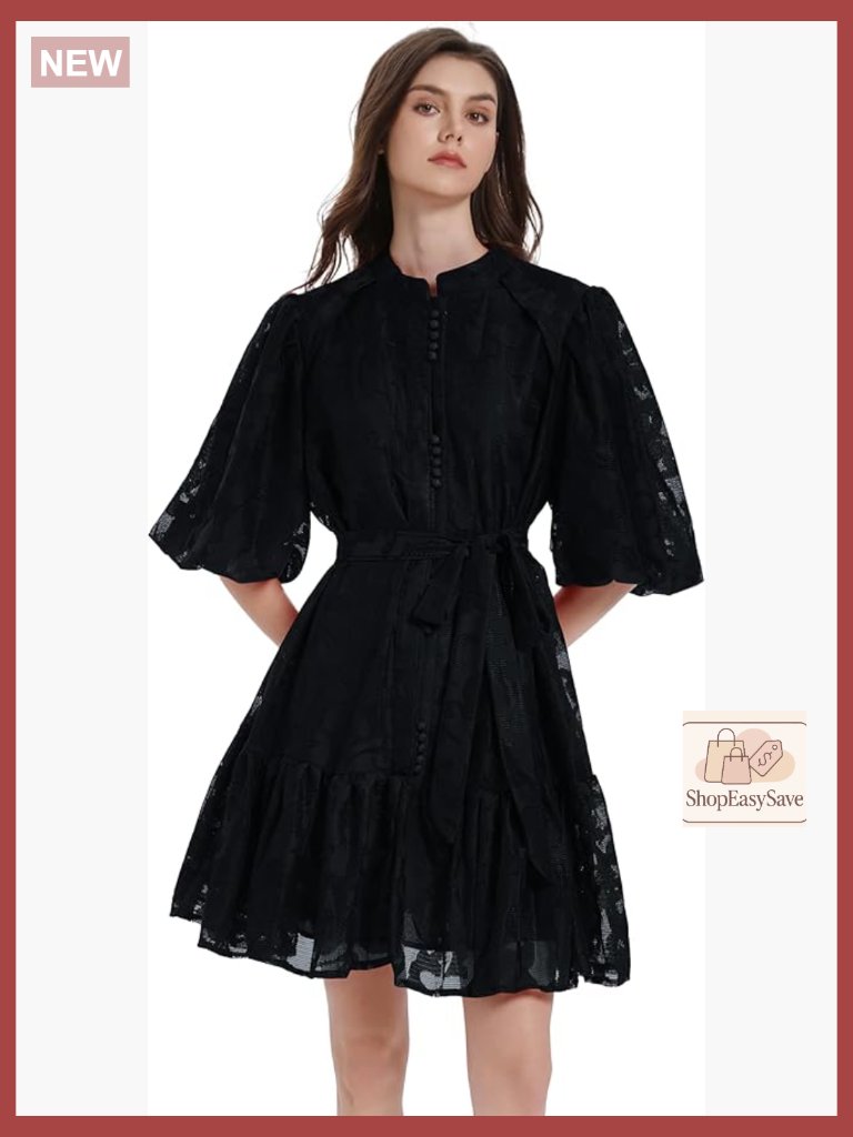 Lace Floral Puff Sleeve Mini Dress Elegant Loose Fit Chic Evening Wear